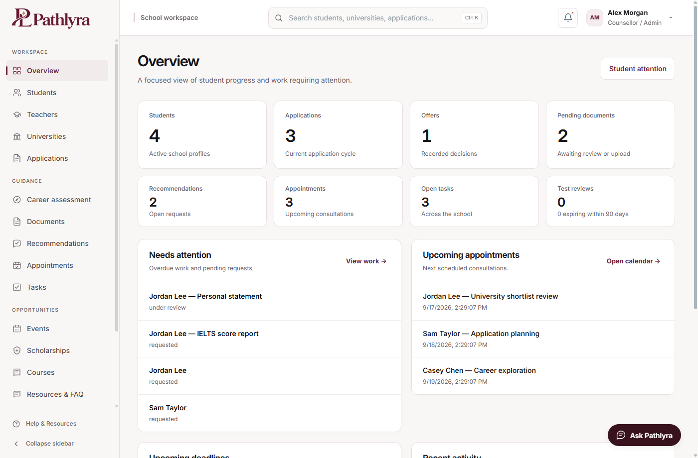 Pathlyra Counsellors interface with demonstration data