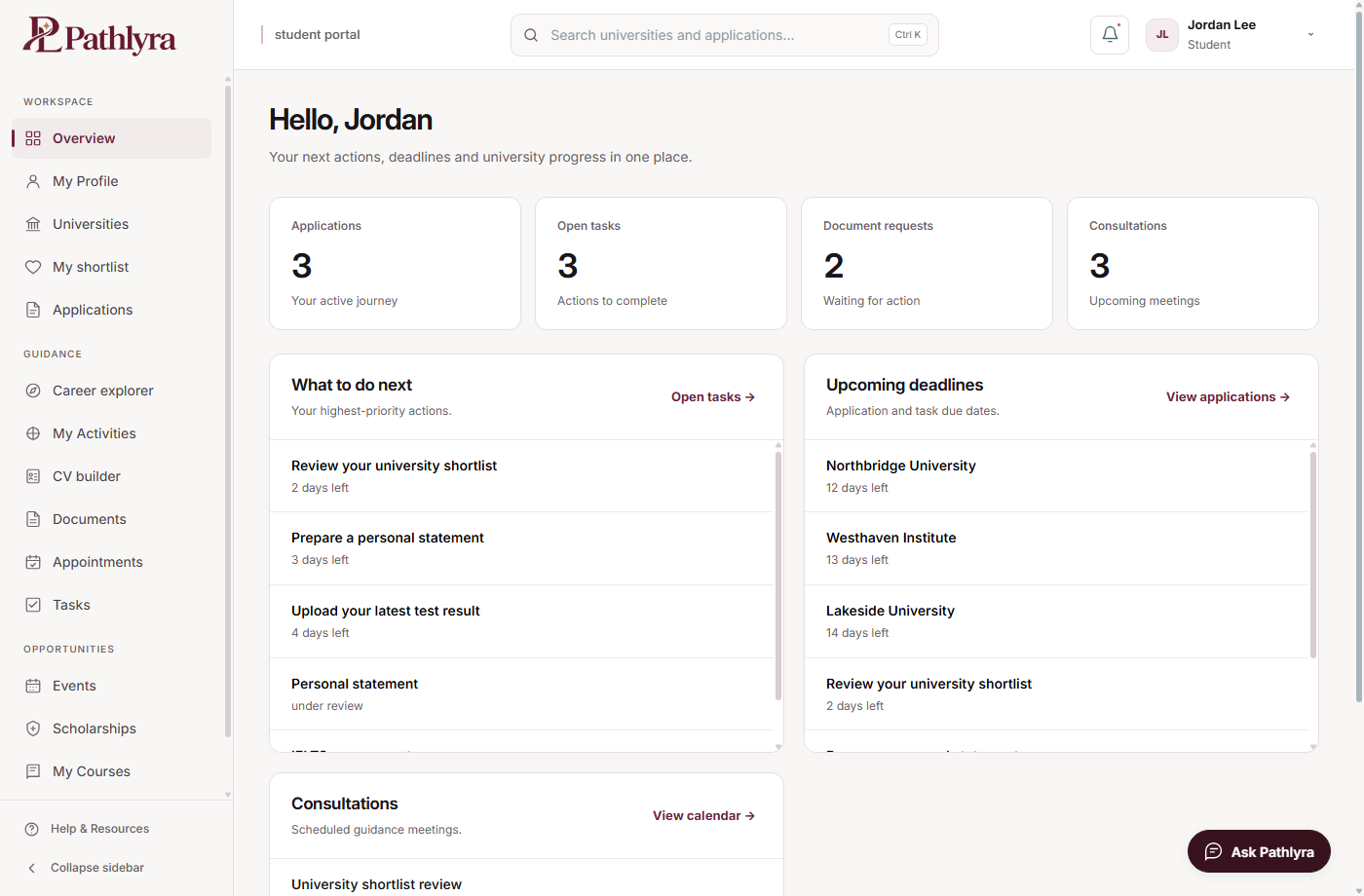 Pathlyra Students interface with demonstration data